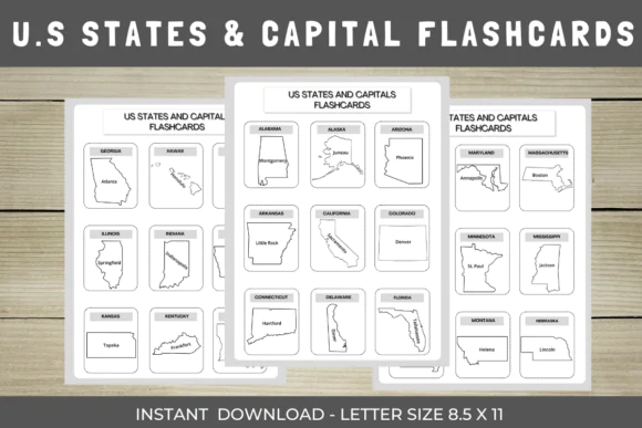 US States Maps and Capitals Flashcards | Printable United States Geography Learning Cards for Kids, Homeschool, Classroom, State Capitals, Regions & Map Study Activities