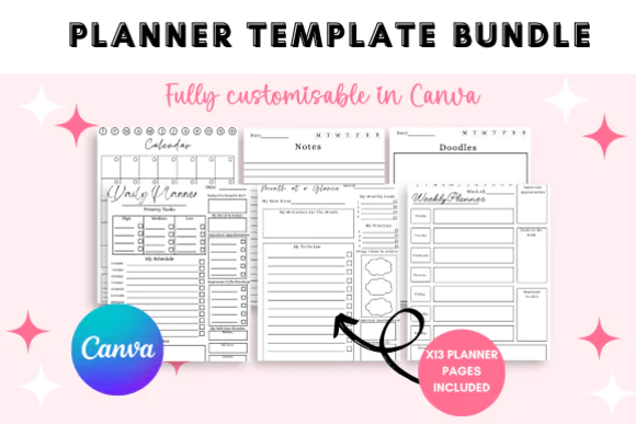 The Ultimate Planner Canva Template Bundle | Editable Daily Weekly Monthly Notes & Doodles Planner Pages for Printable and Digital Planner Business