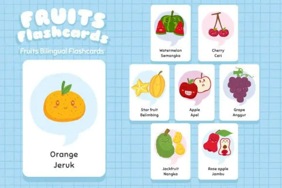 Printable Fruits Bilingual Flashcards | English Indonesian Fruit Vocabulary Cards for Kids, Homeschool, Classroom, Language Learning & Bilingual Study Activities