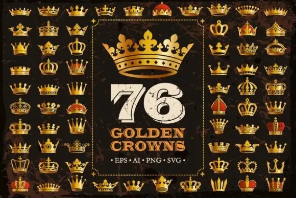 Golden Crowns Icons Heraldic Set – 76 Decorative Royal Crown Vector Icons and Silhouettes for Logos, Awards, Leadership Branding, Victory Themes and Luxury Design Projects