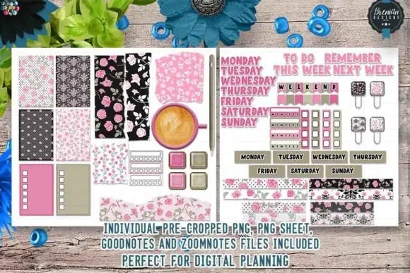 Shabby Pink Digital Stickers Bundle for GoodNotes, ZoomNotes, Digital Planners, Feminine Journals, Soft Vintage Layouts, and Elegant Everyday Digital Planning