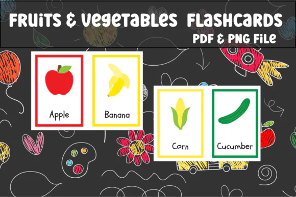 Fruits and Vegetables Flashcards Printable for Kids – Healthy Food Learning Cards for Preschool and Kindergarten, Homeschool Nutrition Vocabulary Activity Set, PDF and PNG Educational Printables