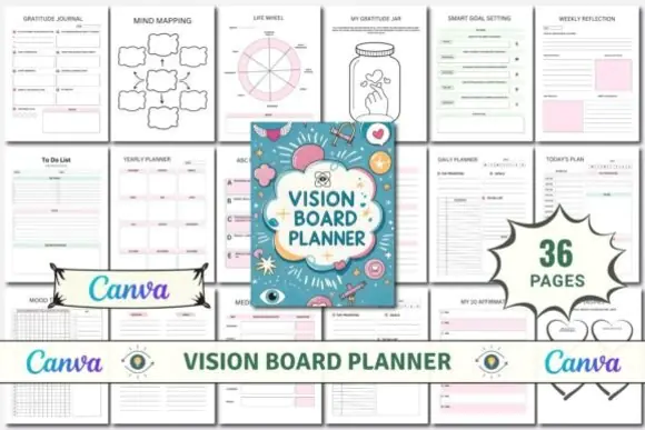 Vision Board Planner Canva Template KDP Interior, Editable Manifestation and Goal Setting Planner, Printable Gratitude Journal, Daily Weekly Monthly Planner, Self Growth Workbook