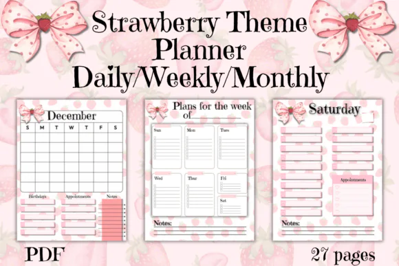 Strawberry Theme Digital Planner PDF | Cute 27-Page Daily, Weekly & Monthly Planner for Tablet Planning, Printable Organization & Strawberry Lovers
