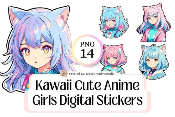 Kawaii Cute Anime Girls Digital Stickers Bundle – 14 Transparent PNG Anime-Style Girl Graphics for Shirts, Mugs, Hats, Bags, Print-on-Demand, Scrapbooking, Journals, and Cute Creative DIY Projects