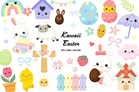 Easter Clipart and Digital Stickers Bundle – 74 Cute Spring PNG Graphics with Bunnies, Eggs, Chicks, Flowers, and Editable EPS File for Planners, Worksheets, Kids Activities, Party Printables, GoodNot