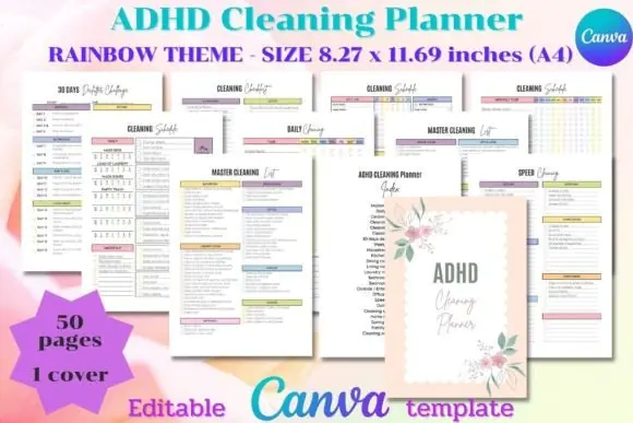 ADHD Cleaning Planner Canva Editable Bundle, 50-Page Printable Home Cleaning Checklist, Decluttering Planner, Daily Weekly Monthly Cleaning Schedule, Household Organization Templates