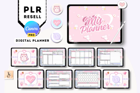 PLR Resell Canva Pink Digital Planner, Hyperlinked Undated GoodNotes Planner, Editable Digital Planner Template, Weekly Monthly Daily Planner, Sticker Book Included