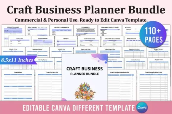 Craft Business Planner Bundle for Canva | Editable Handmade Business, Inventory, Marketing, Sales, Order Tracking & Craft Project Planner Templates