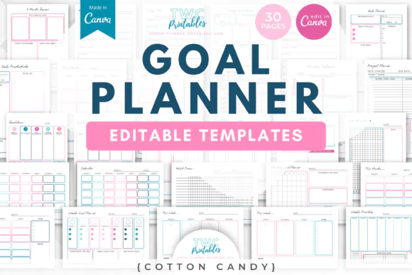 Goal Planner Canva Templates Cotton Candy | Editable Goal Setting, Productivity, Habit Tracker, Weekly Monthly Yearly Planner Printable Bundle