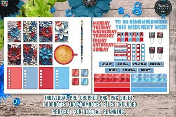 Patriotic Floral 2 Digital Stickers Bundle for GoodNotes, ZoomNotes, Digital Planners, Holiday Journals, American-Themed Layouts, and Stylish Digital Planning