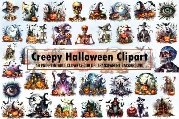 Creepy Halloween Clipart Horror PNG Bundle – 49 Spooky Solid and Distressed Halloween Designs with Transparent Backgrounds for T-Shirts, Stickers, Mugs, Pillows, Scrapbooking, Cards, and Horror-Themed
