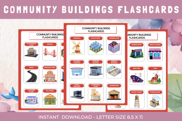 63 Community Buildings Flashcards | Printable Neighborhood Vocabulary Cards for Preschool, Kindergarten, Homeschool, ESL, Social Studies & Early Learning