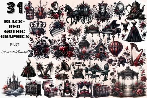 Dark Gothic Graphics Clipart Bundle – 31 Black and Red Gothic PNG Illustrations for Stickers, T-Shirts, Cards, Wall Art, Scrapbooking, Alternative Fashion, and Mystery-Themed Creative Projects
