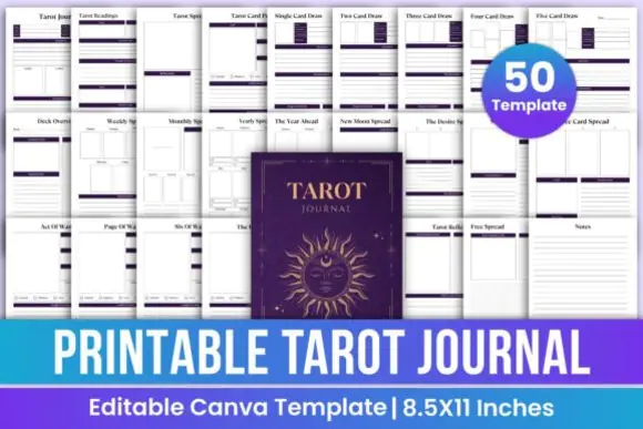 Printable Tarot Journal Canva Template, Editable Tarot Reading Journal, Moon Phase and Card Interpretation Tracker, Spiritual Reflection Planner, Hyperlinked Tarot Workbook