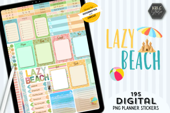 Lazy Beach Digital Planner Stickers PNG Bundle | 195 Transparent Summer Beach Stickers for GoodNotes, Digital Journals, Diaries & Cricut Print and Cut