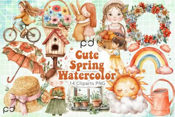 Cute Spring Watercolor Graphics Bundle – Adorable Seasonal PNG Clipart Set with Transparent Backgrounds for Cards, Wall Art, Scrapbooking, T-Shirts, Pillows, Bags, Mugs, Stickers, and Spring-Themed Cr