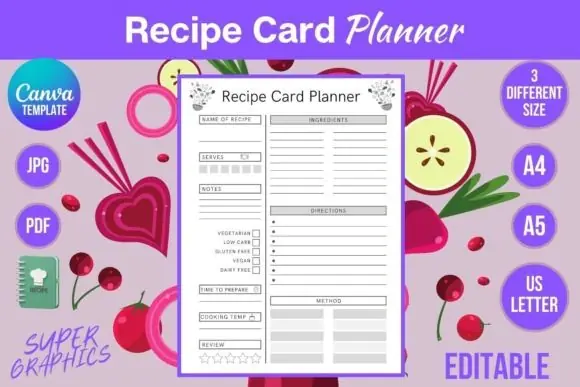 Recipe Card Planner Canva Template, Editable Printable Recipe Organizer, Custom Recipe Card Template, Meal Planning Insert, Cooking Journal Page, Kitchen Recipe Tracker, US Letter A4 A5 PDF JPG Downlo