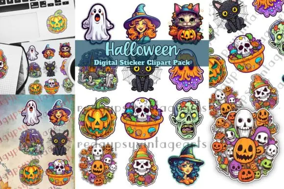 Halloween Digital Stickers Clipart Pack for POD, Printables, Scrapbooking, Junk Journals, Cricut Projects, Wall Art, and Cute Spooky Craft Designs