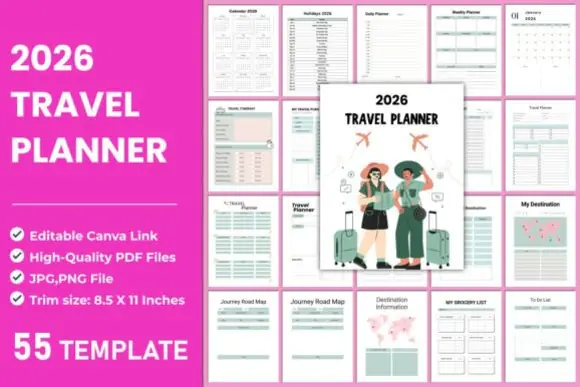 2026 Travel Planner Canva Interior, Editable Vacation Planner Printable, Travel Itinerary Organizer, Packing List, Travel Budget Tracker, Travel Journal Template