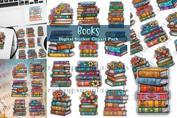 Books Digital Stickers Colorful Clipart Bundle – 12 Cute Stacks of Books PNG Sticker Designs with A4 PNG and PDF Sheets for Printables, Junk Journals, Scrapbooking, Cricut, POD, Magnets, Wall Art, and