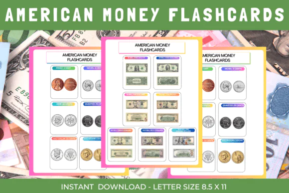 American Money Coin and Bill Flashcards Printable for Kids – U.S. Currency Learning Cards for Coins and Notes, Financial Literacy Homeschool and Classroom Math Activity Set