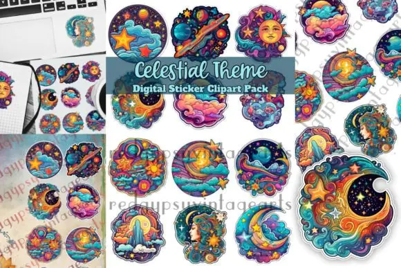 Celestial Digital Stickers Clipart Pack – Boho Sun and Moon PNG Sticker Bundle with Colorful Celestial Designs, A4 PNG and PDF Sheets for POD, Printables, Scrapbooking, Cricut, Magnets, Wall Art, and