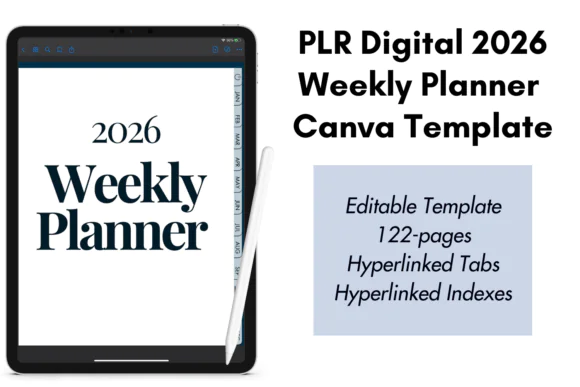 2026 PLR Digital Planner Canva Template | 122-Page Hyperlinked Weekly Planner, Editable Sunday Start Planner for Personal & Commercial Use
