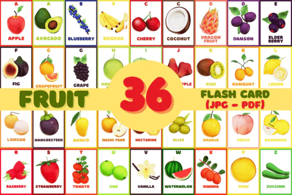 3D Fruit Educational Flashcards | 36 Printable Fruit Vocabulary Cards with Realistic 3D Illustrations for Kids, Preschool, Homeschool, Classroom Learning & Healthy Eating Activities