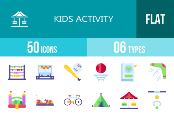50 Kids Activity Flat Multicolor Icons Vector Pack – Play, Learning and Recreation Icon Set for Websites, Mobile Apps, Presentations, Print Design, Templates and Educational Projects