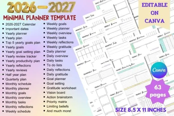 2026 2027 Planner Template for Canva | Editable 63-Page Yearly Monthly Weekly Daily Goal Gratitude Budget Printable Planner Bundle