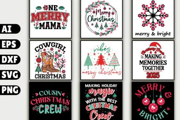 Cute Christmas T Shirt Design Bundle SVG PNG AI EPS PDF – Merry and Bright Holiday Typography Graphics for T Shirts, Hoodies, Mugs, Pillows, Stickers, Tumblers and Christmas Merch