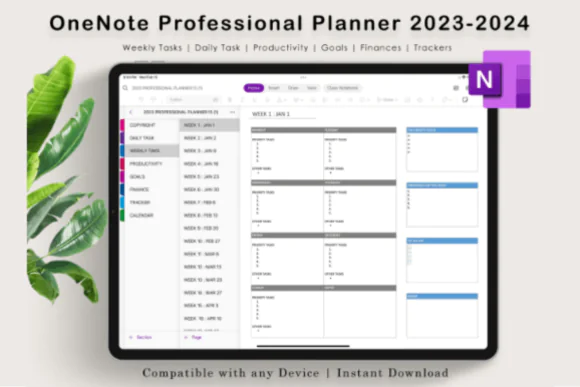 OneNote Digital Planner Project Planner for Professionals | Productivity Template for Windows & Mac with Monthly Calendar, Tasks, Goals, Meetings, Finance & SWOT Pages