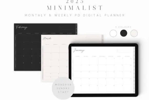 2025 Minimalist Digital Planner for iPad PDF | Hyperlinked Weekly & Monthly GoodNotes Notability Planner with Monday or Sunday Start, Black Beige & White Themes