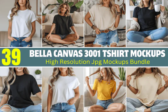 Bella Canvas 3001 T-Shirt Mockup Bundle – 39 High-Resolution Lifestyle Shirt Mockups | Black, White & Natural Tee Mockups | Female Model T-Shirt Templates | Etsy & POD Product Display Bundle