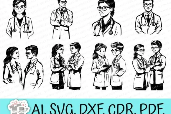 Doctor Graphics Set for Laser Bundle – 18 Medical Vector Designs with Mr. Doctor and Mr. & Mrs. Doctor Patterns in SVG, DXF, AI, CDR, PDF, and PNG for Engraving, Sublimation, Gifts, and Thank You Craf