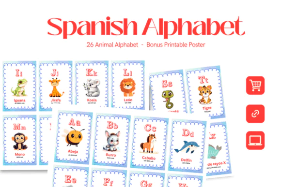 Spanish Animal Alphabet Flashcards Printable for Kids – Bilingual A to Z Animal Learning Cards, Preschool and Kindergarten Spanish English Alphabet Activity Set for Homeschool and Classroom Use