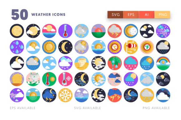 50 Weather Icons Vector Pack – Climate and Forecast Symbol Set for Websites, Mobile Apps, Presentations, Print Design, Dashboards and Educational Weather Projects