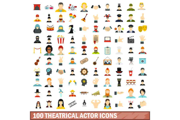 100 Theatrical Actor Icons Set Flat Style – Drama, Performance and Stage Vector Icon Pack for Websites, Mobile Apps, Print Design, Presentations and Creative Projects