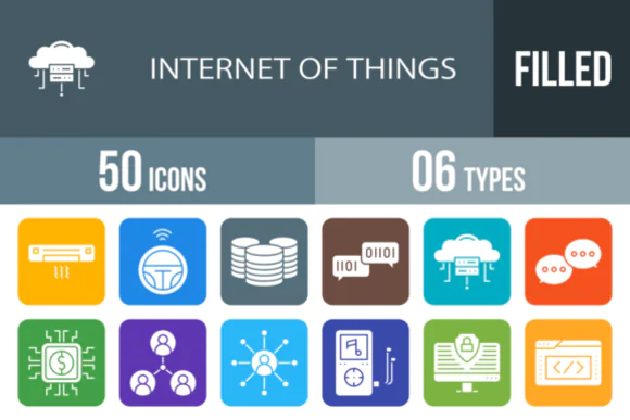 50 Internet of Things Filled Line Icons Vector Pack – Smart Device, IoT, Connectivity and Automation Icon Set for Websites, Mobile Apps, Presentations, Dashboards and Tech Design
