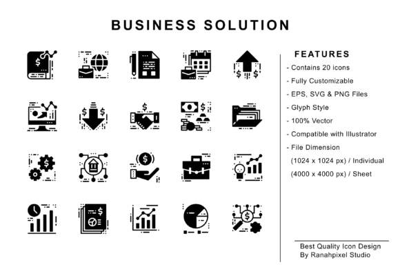 Business Solution Glyph Icons Vector Pack – Solid Business, Finance and Growth Icon Set for Presentations, Websites, Mobile Apps, Dashboards and Professional UI Design