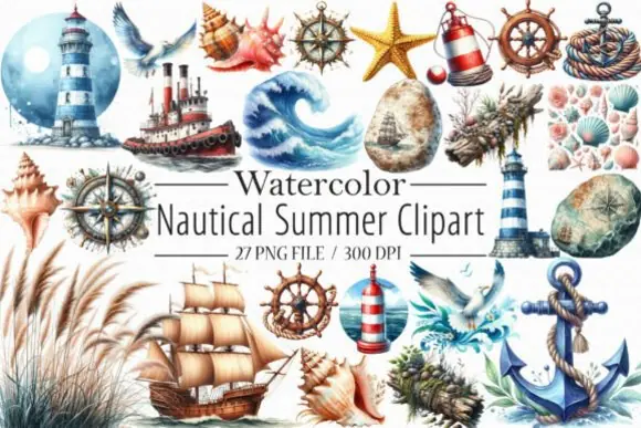 Watercolor Nautical Summer Clipart Bundle – 27 Beach and Sea-Themed PNG Graphics with Solid and Distressed Styles for T-Shirts, Mugs, Totes, Sublimation, Pillows, and Coastal DIY Projects