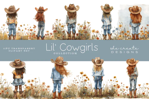 Little Cowgirl Clipart Bundle – 11 Watercolor Cowgirl PNG Graphics with Transparent Backgrounds for Sublimation, Greeting Cards, Invitations, Digital Artwork, Western-Themed Crafts, and Cute Country D