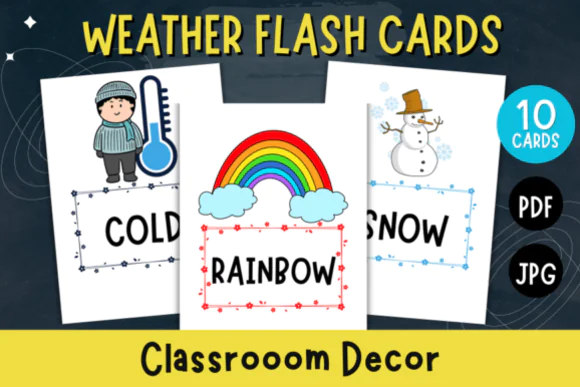 Weather Flash Cards Printable for Kids – Classroom Decor and Weather Vocabulary Learning Cards, Preschool and Kindergarten Science Activity Set, Homeschool Educational Weather Printables