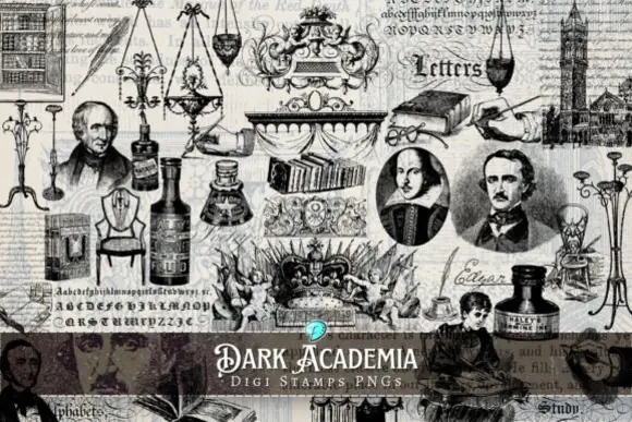 Dark Academia Digi Stamps PNG Clipart Bundle – 70 Transparent Dark Academia PNG Overlays for Junk Journals, Scrapbooking, Printable Papers, Ephemera, Tags, Envelopes, Card Making, and Vintage-Inspired