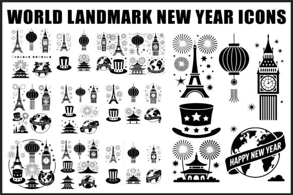 World Landmark New Year Icons Set – Global Celebration and Travel-Themed New Year Vector Icon Pack for Invitations, Event Posters, Cricut Crafts, Printables and Social Media Designs