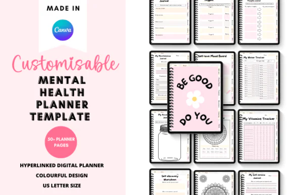 Canva Mental Health Digital Planner Template, Editable Self Care Journal, Mood Tracker, Anxiety Relief Planner, Habit Tracker, Wellness Journal Bundle