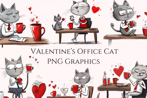 Funny Valentine’s Day Cat Comic Graphics Bundle – Cute Watercolor Office Cat PNG Clipart Set for Valentine Stickers, Planners, T-Shirts, Mugs, Sublimation Gifts, and Romantic Funny DIY Projects