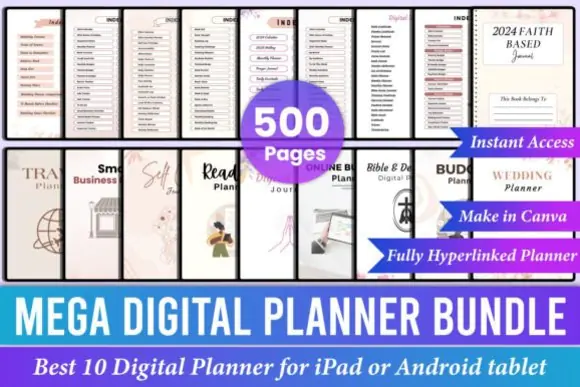 Mega Digital Planner Bundle Canva Template for iPad, Hyperlinked Planner Collection, Editable Business Budget Travel Wedding Self Care Faith Journals, 500 Page Bundle