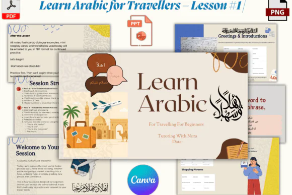 Learn Arabic for Travellers Lesson 1 Printable and Editable Travel Guide – Beginner Arabic Phrases Workbook, Flashcards, PowerPoint Slides and Canva Template for Tourists and Language Learners
